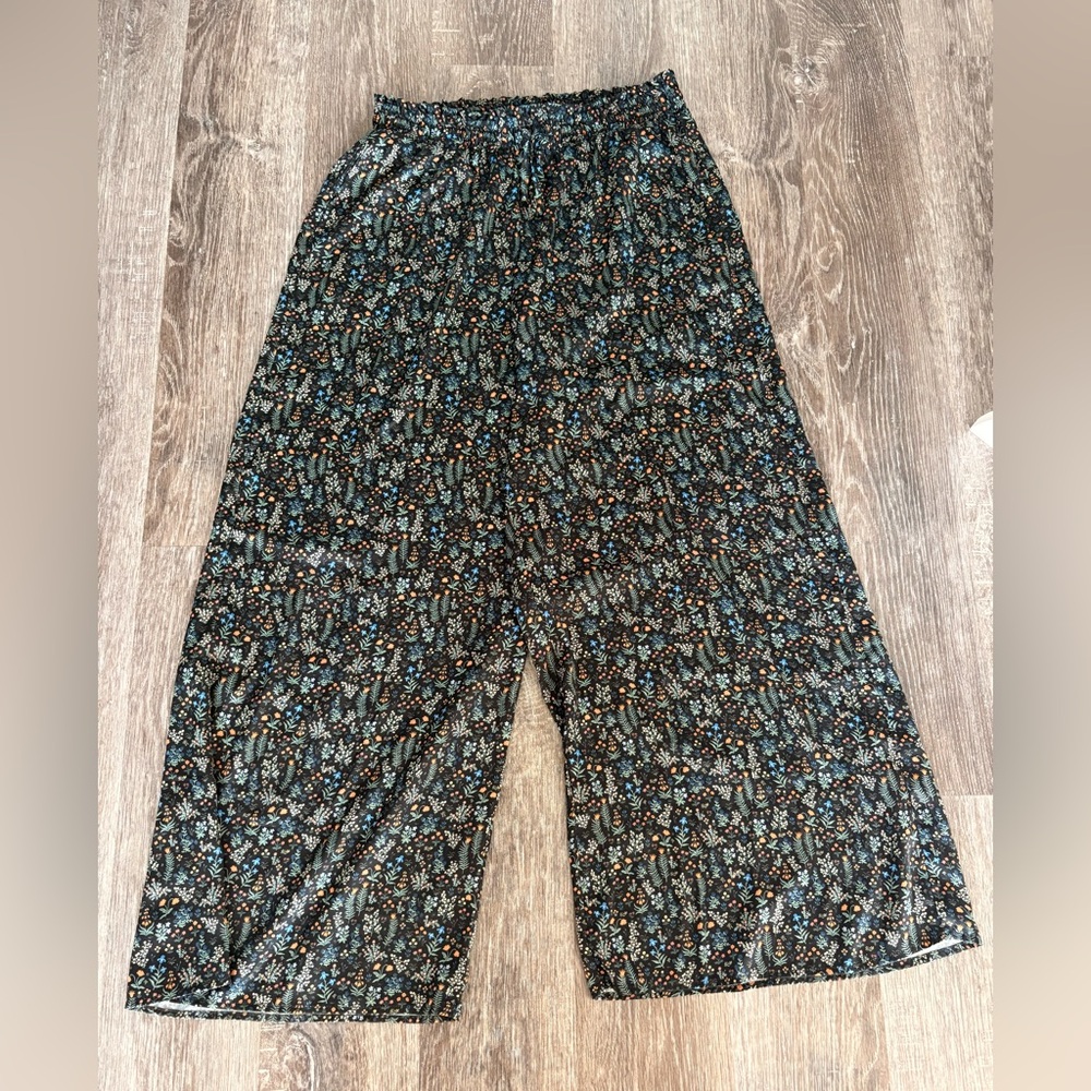SUMERSALT Black Wide-Leg Floral Palazzo Pants with Teal and Orange Accents